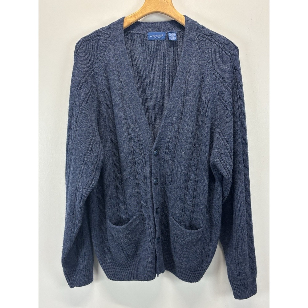 Vtg Towncraft Cardigan Sweater Sz X-Large Mens Blue Cable Knit Fisherman Grandpa